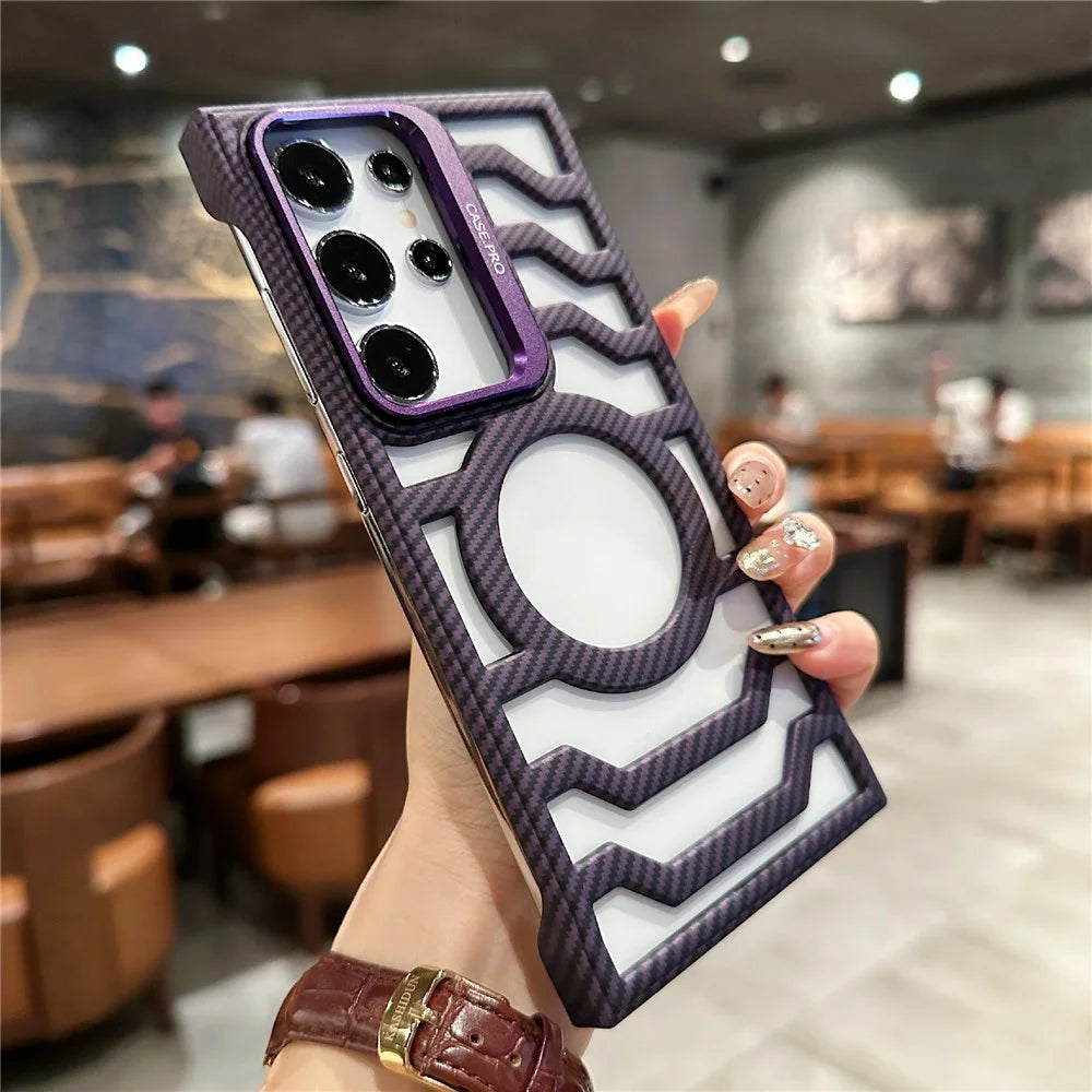 For Samsung Galaxy S24 Ultra Magnetic Case Frameless Kickstand PC Phone Cover Carbon Fiber Texture - Purple - 2