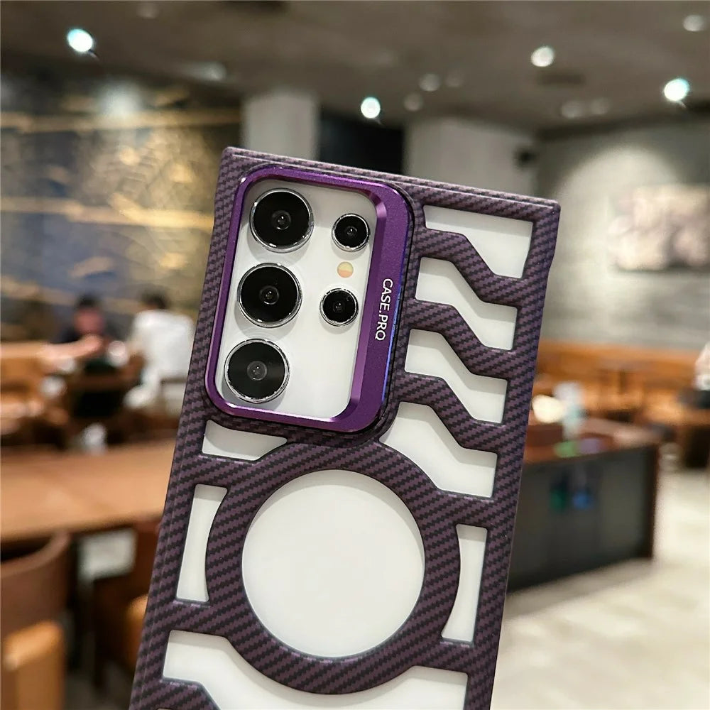 For Samsung Galaxy S24 Ultra Magnetic Case Frameless Kickstand PC Phone Cover Carbon Fiber Texture - Purple - 4