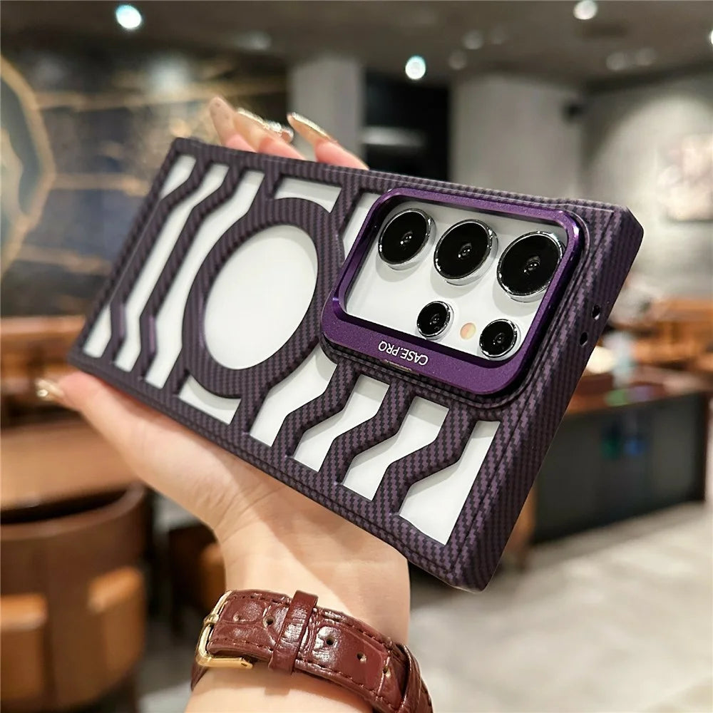For Samsung Galaxy S24 Ultra Magnetic Case Frameless Kickstand PC Phone Cover Carbon Fiber Texture - Purple - 5