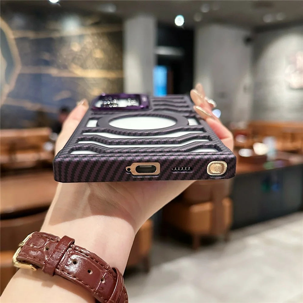 For Samsung Galaxy S24 Ultra Magnetic Case Frameless Kickstand PC Phone Cover Carbon Fiber Texture - Purple - 6