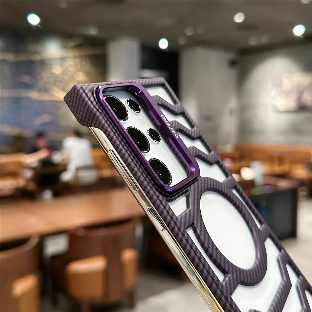 For Samsung Galaxy S24 Ultra Magnetic Case Frameless Kickstand PC Phone Cover Carbon Fiber Texture - Purple - 7