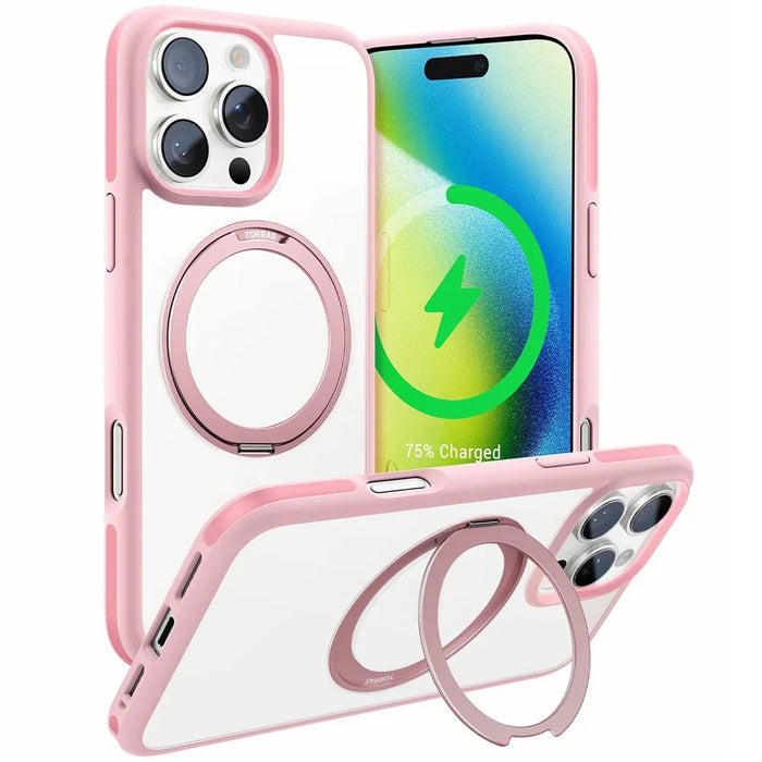 TORRAS Ostand R Fusion For iPhone 16 Pro Case 360 Degree Rotating Kickstand TPU+PC Phone Cover Compatible with MagSafe - Pink - 1