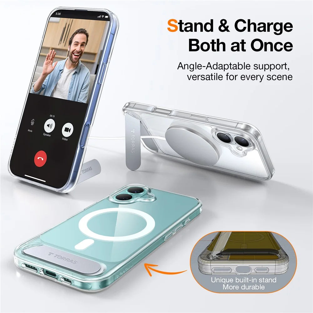 TORRAS Ostand L1 Series For iPhone 16 Case Kickstand TPU+PC Phone Cover Compatible with MagSafe - Transparent - 6