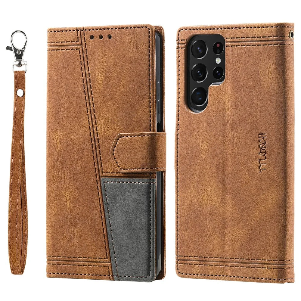 TTUDRCH Style 004 For Samsung Galaxy S25 Ultra Leather Case RFID Blocking Wallet Stand Phone Cover with Strap - Brown - 1