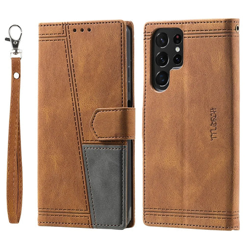TTUDRCH Style 004 For Samsung Galaxy S25 Ultra Leather Case RFID Blocking Wallet Stand Phone Cover with Strap - Brown - 1