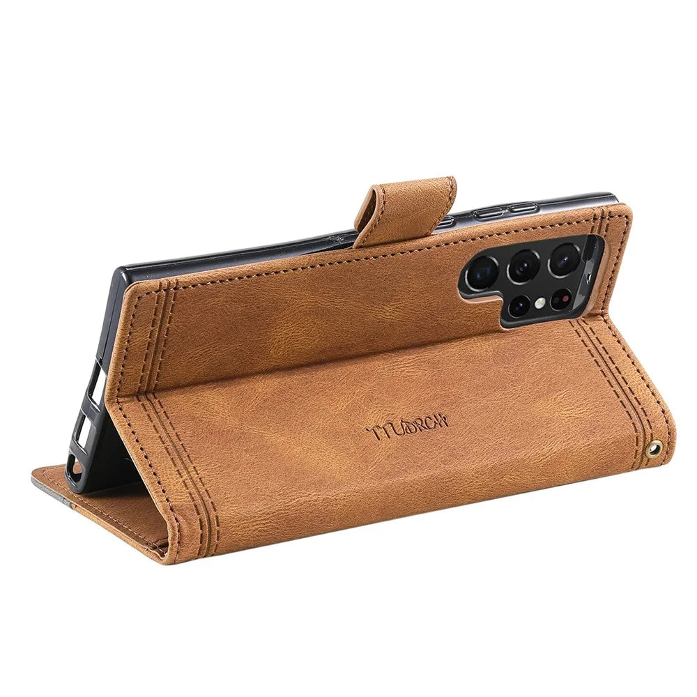 TTUDRCH Style 004 For Samsung Galaxy S25 Ultra Leather Case RFID Blocking Wallet Stand Phone Cover with Strap - Brown - 3