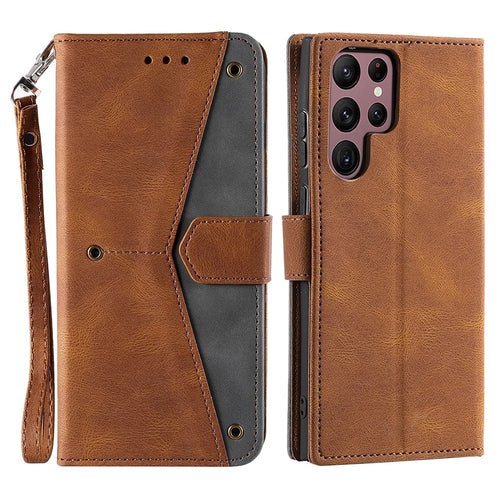 For Samsung Galaxy S25 Ultra Leather Case Splicing Stitching Wallet Stand Phone Cover with Strap - Brown - 1