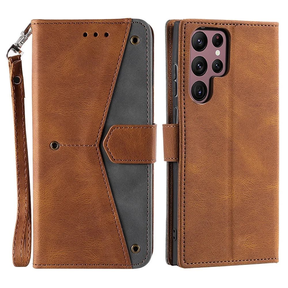 For Samsung Galaxy S25 Ultra Leather Case Splicing Stitching Wallet Stand Phone Cover with Strap - Brown - 1