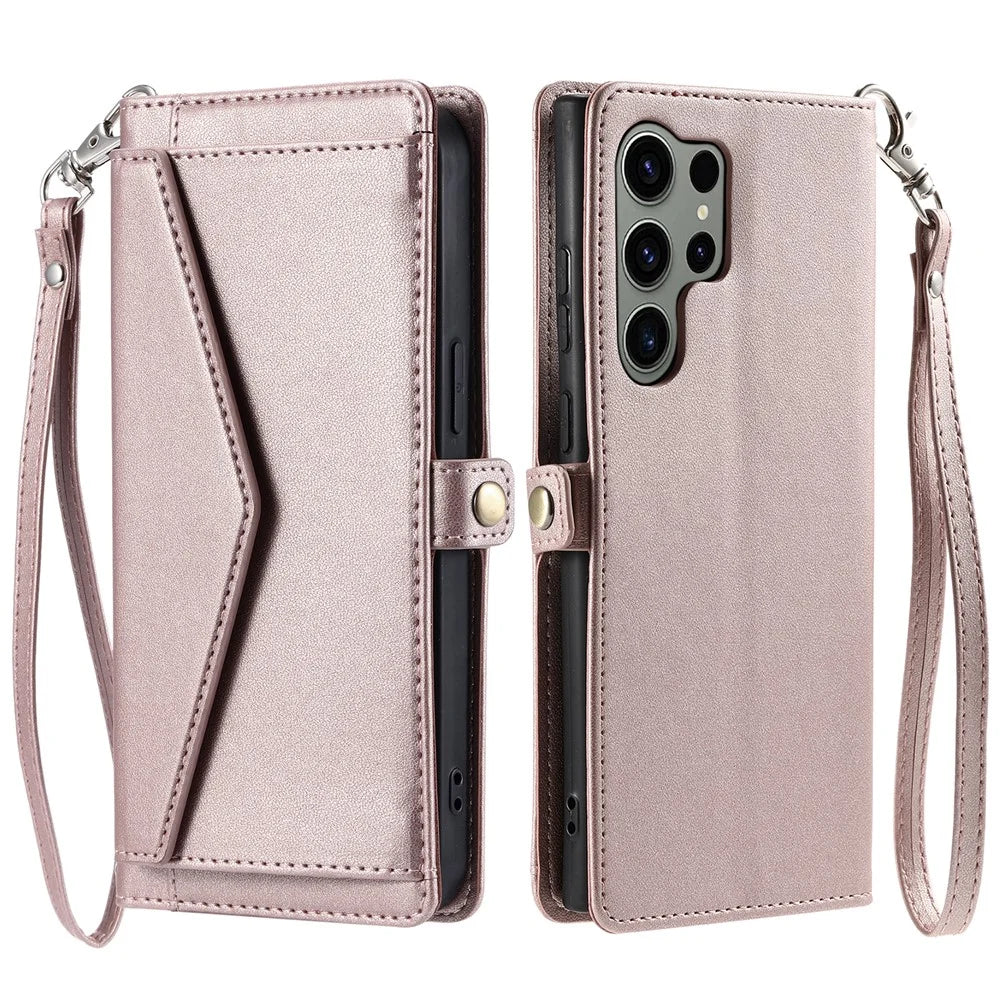 For Samsung Galaxy S25 Ultra Leather Case with Wrist Strap Wallet Stand Phone Cover - Rose Gold - 1
