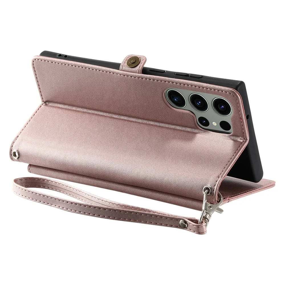 For Samsung Galaxy S25 Ultra Leather Case with Wrist Strap Wallet Stand Phone Cover - Rose Gold - 4