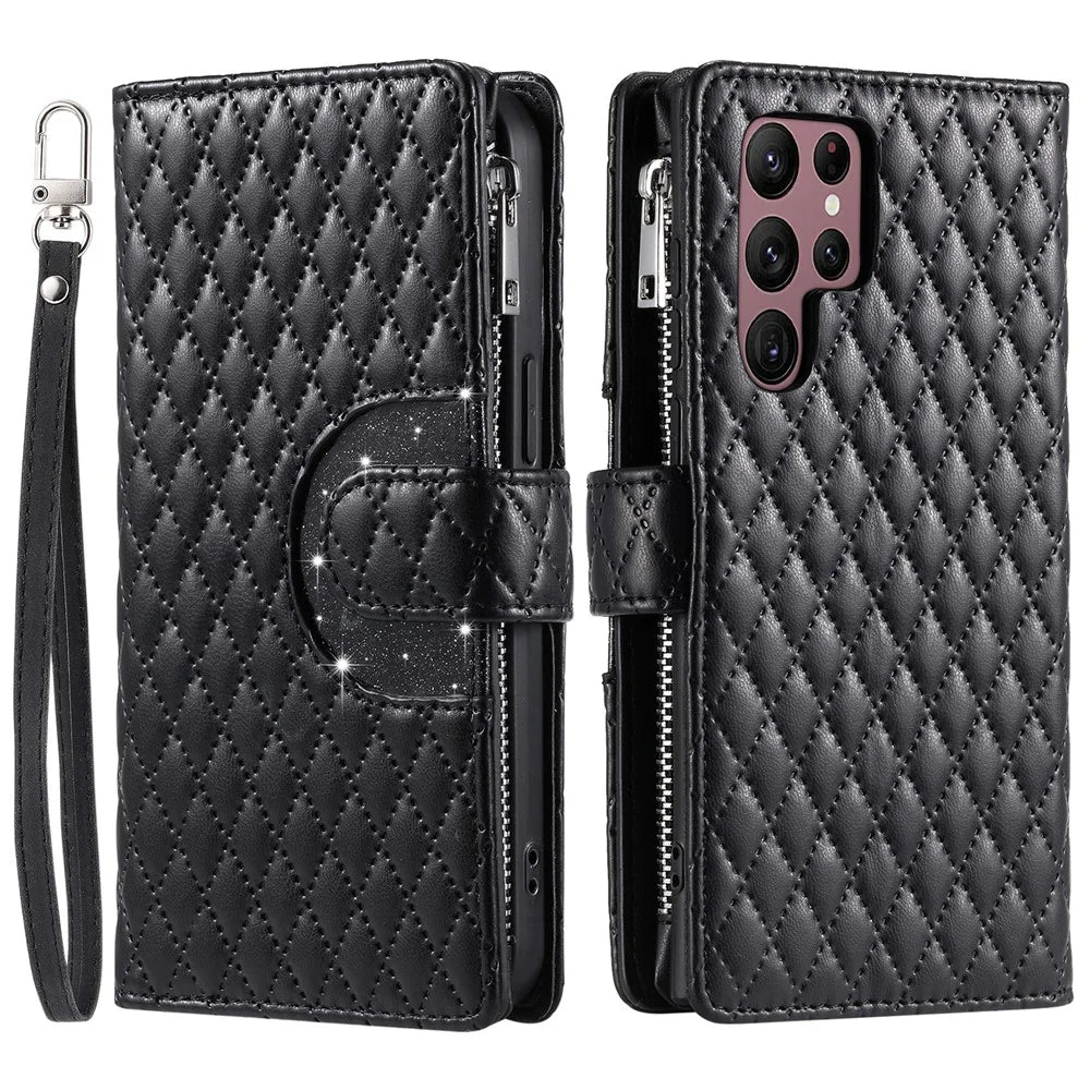 Style 012 for Samsung Galaxy S25 Ultra Case Zipper Pocket Glitter Leather Phone Cover - Black - 1