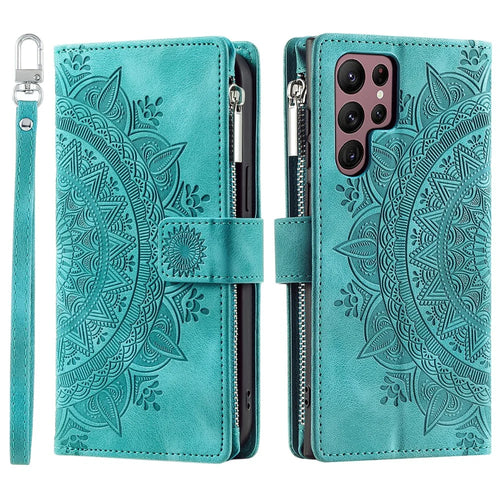 Style 006 For Samsung Galaxy S25 Ultra Wallet Case PU Leather Phone Cover Mandala Flower Pattern - Mint Green - 1