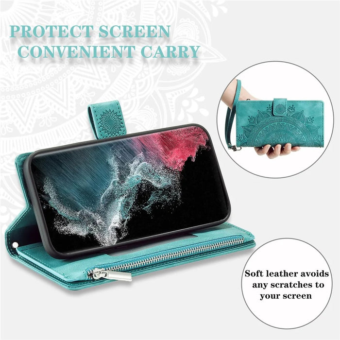 Style 006 For Samsung Galaxy S25 Ultra Wallet Case PU Leather Phone Cover Mandala Flower Pattern - Mint Green - 7
