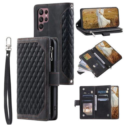 Style 005 For Samsung Galaxy S25 Ultra Wallet Case Rhombus Stitching Line PU Leather Phone Cover - Black - 1
