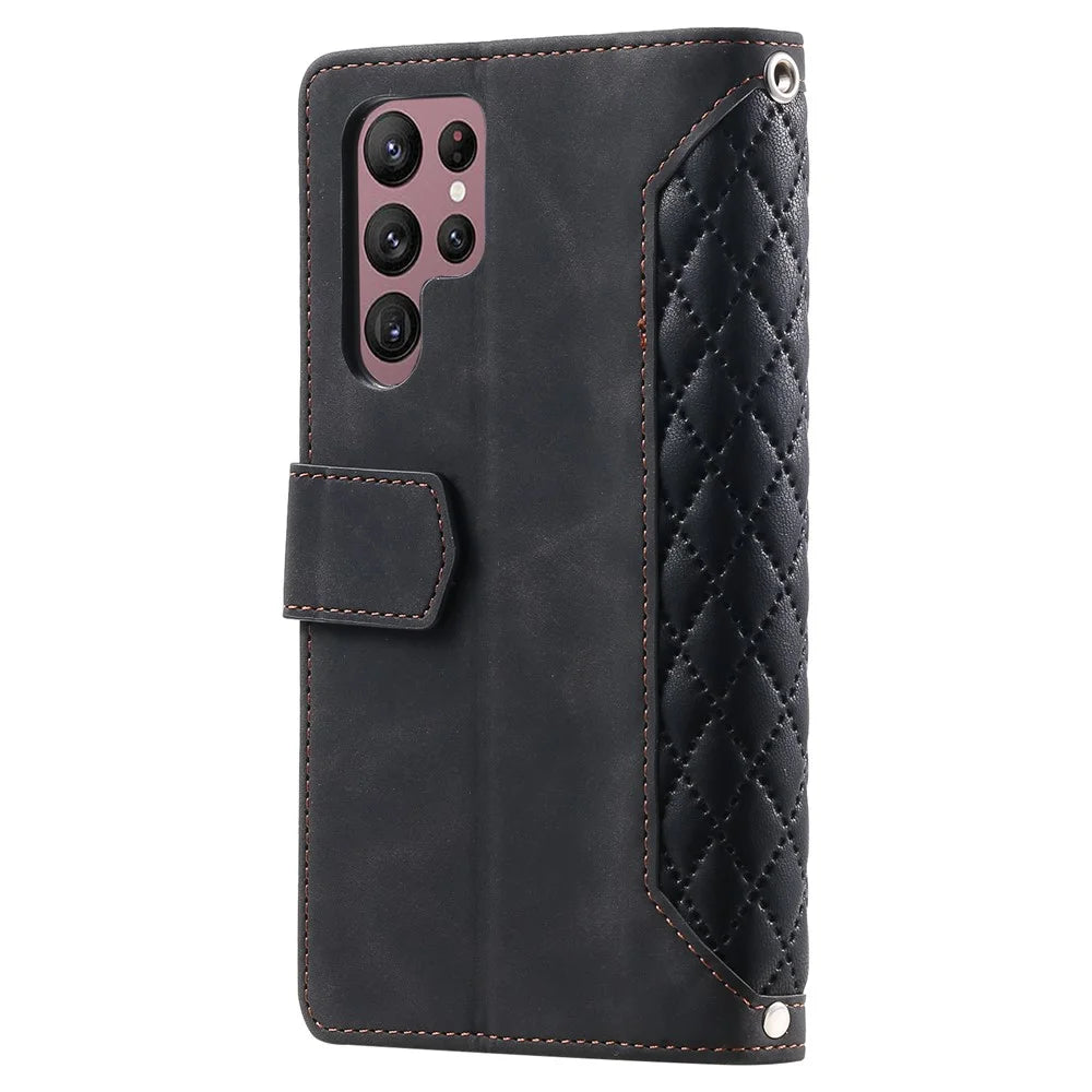 Style 005 For Samsung Galaxy S25 Ultra Wallet Case Rhombus Stitching Line PU Leather Phone Cover - Black - 7