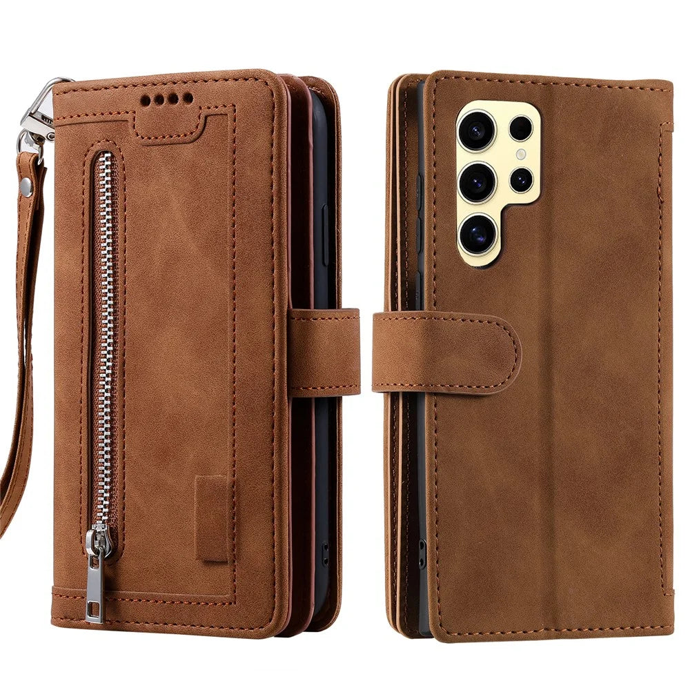 For Samsung Galaxy S25 Ultra Case PU Leather Phone Cover with Zipper Wallet 9 Card Slots - Brown - 1
