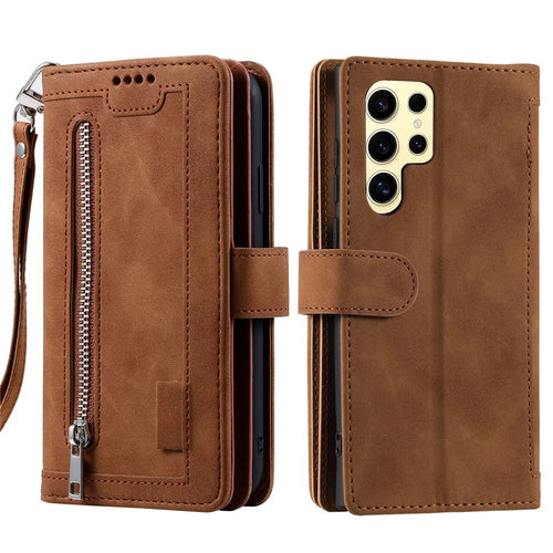 For Samsung Galaxy S25 Ultra Case PU Leather Phone Cover with Zipper Wallet 9 Card Slots - Brown - 1
