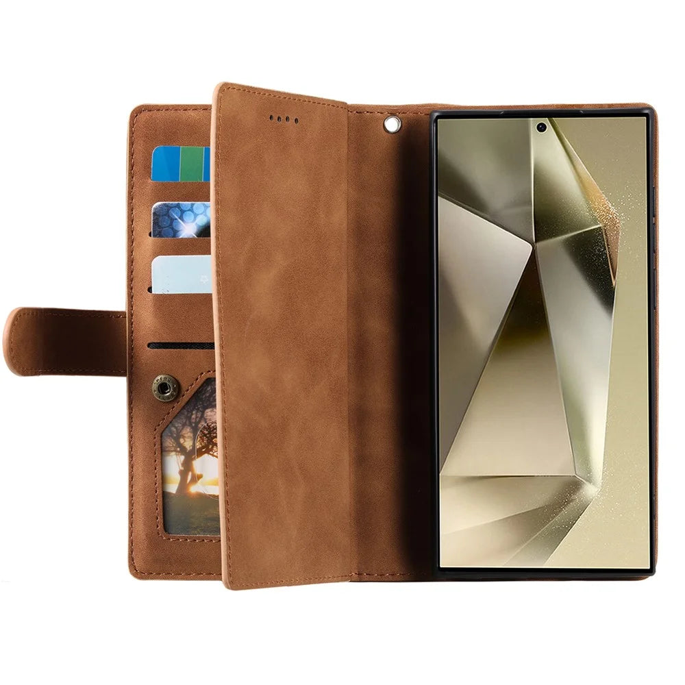 For Samsung Galaxy S25 Ultra Case PU Leather Phone Cover with Zipper Wallet 9 Card Slots - Brown - 2