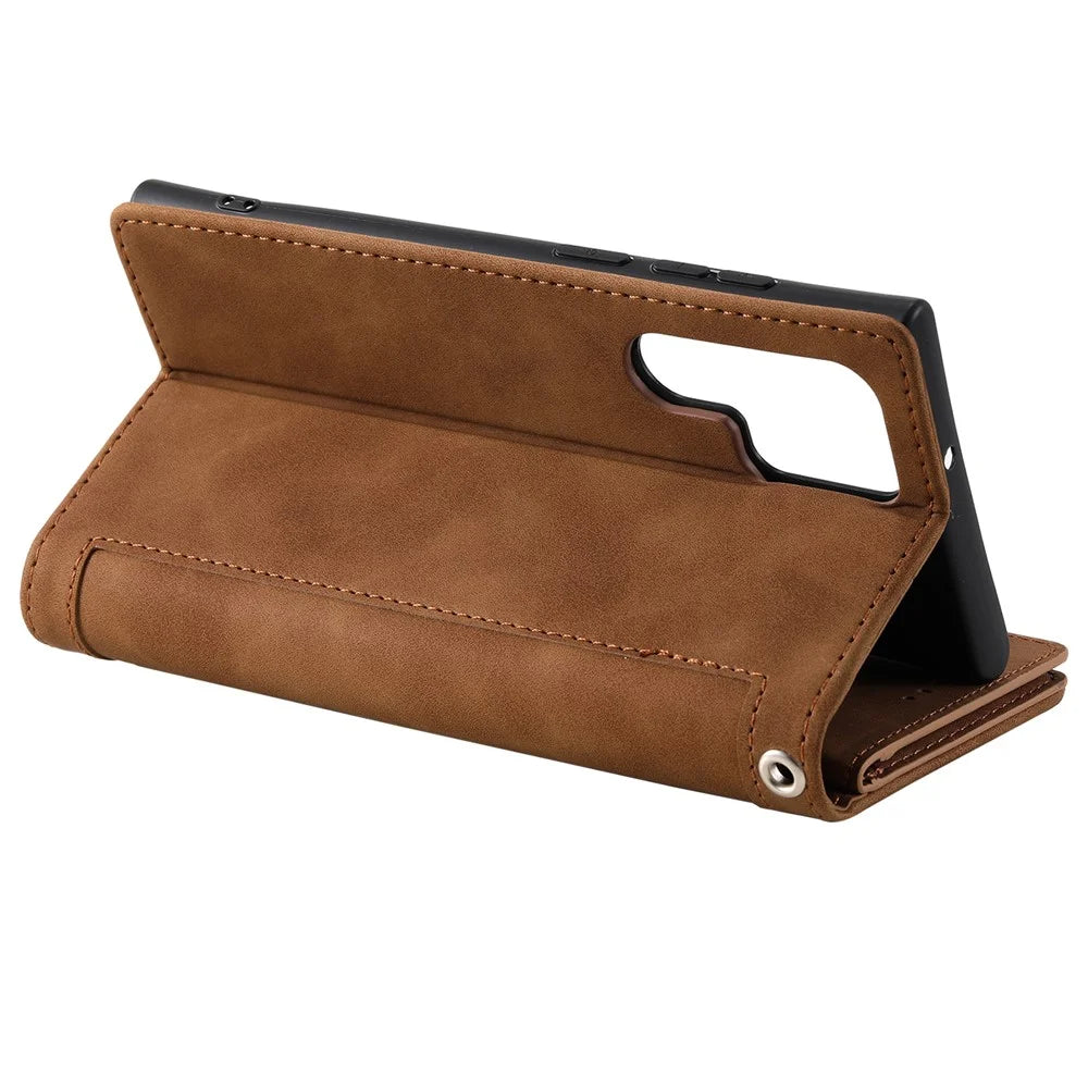 For Samsung Galaxy S25 Ultra Case PU Leather Phone Cover with Zipper Wallet 9 Card Slots - Brown - 3