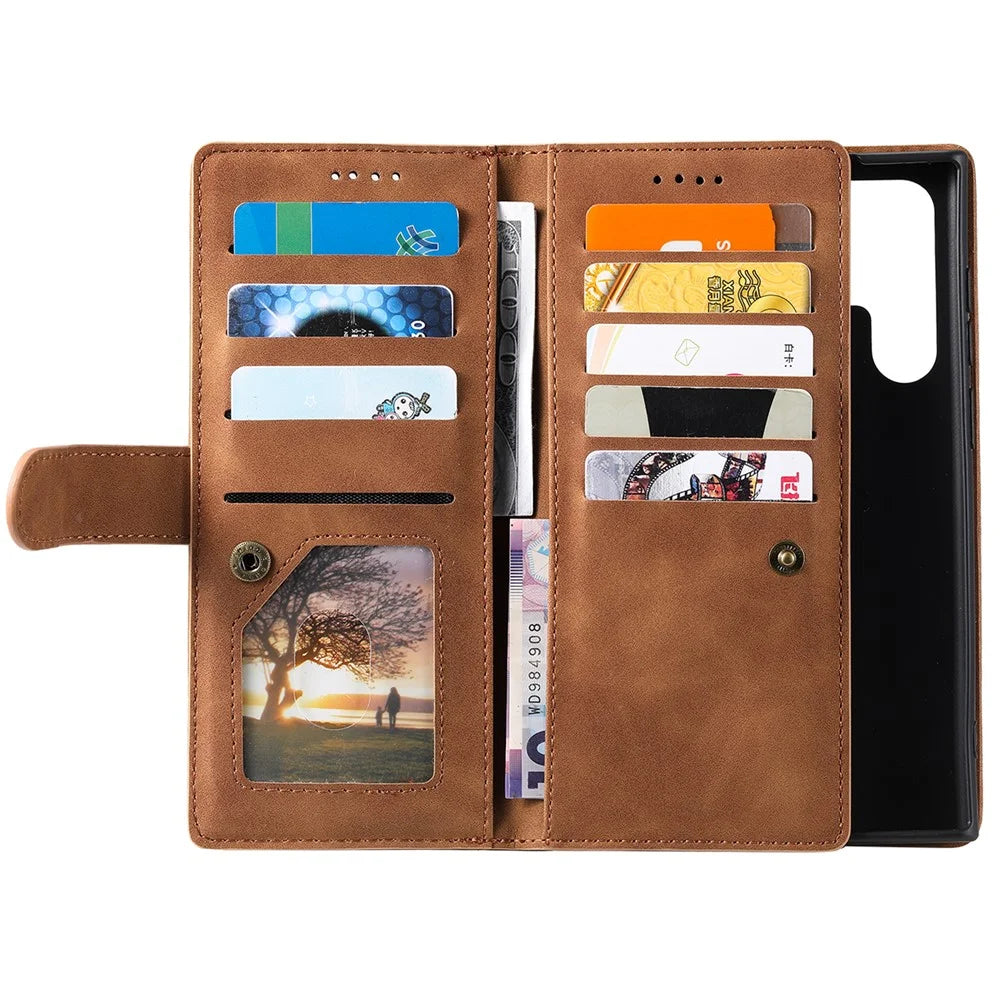 For Samsung Galaxy S25 Ultra Case PU Leather Phone Cover with Zipper Wallet 9 Card Slots - Brown - 5
