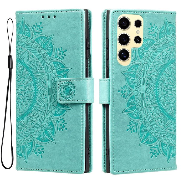 For Samsung Galaxy S25 Ultra Case Imprinted Totem PU Leather Wallet Stand Phone Cover - Mint Green - 1