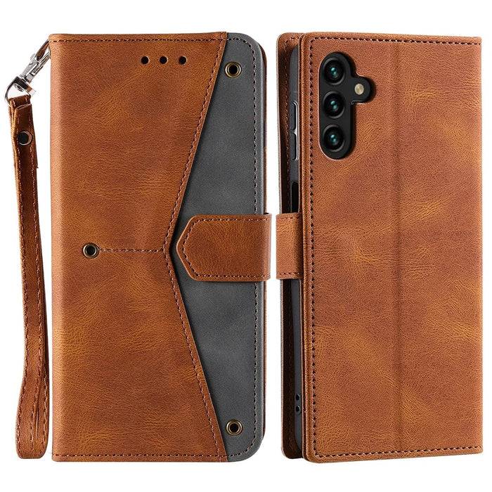 For Samsung Galaxy S25+ Leather Case Splicing Stitching Wallet Stand Phone Cover with Strap - Brown - 1