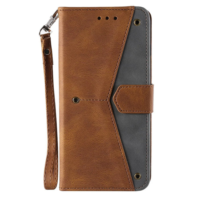 For Samsung Galaxy S25+ Leather Case Splicing Stitching Wallet Stand Phone Cover with Strap - Brown - 6