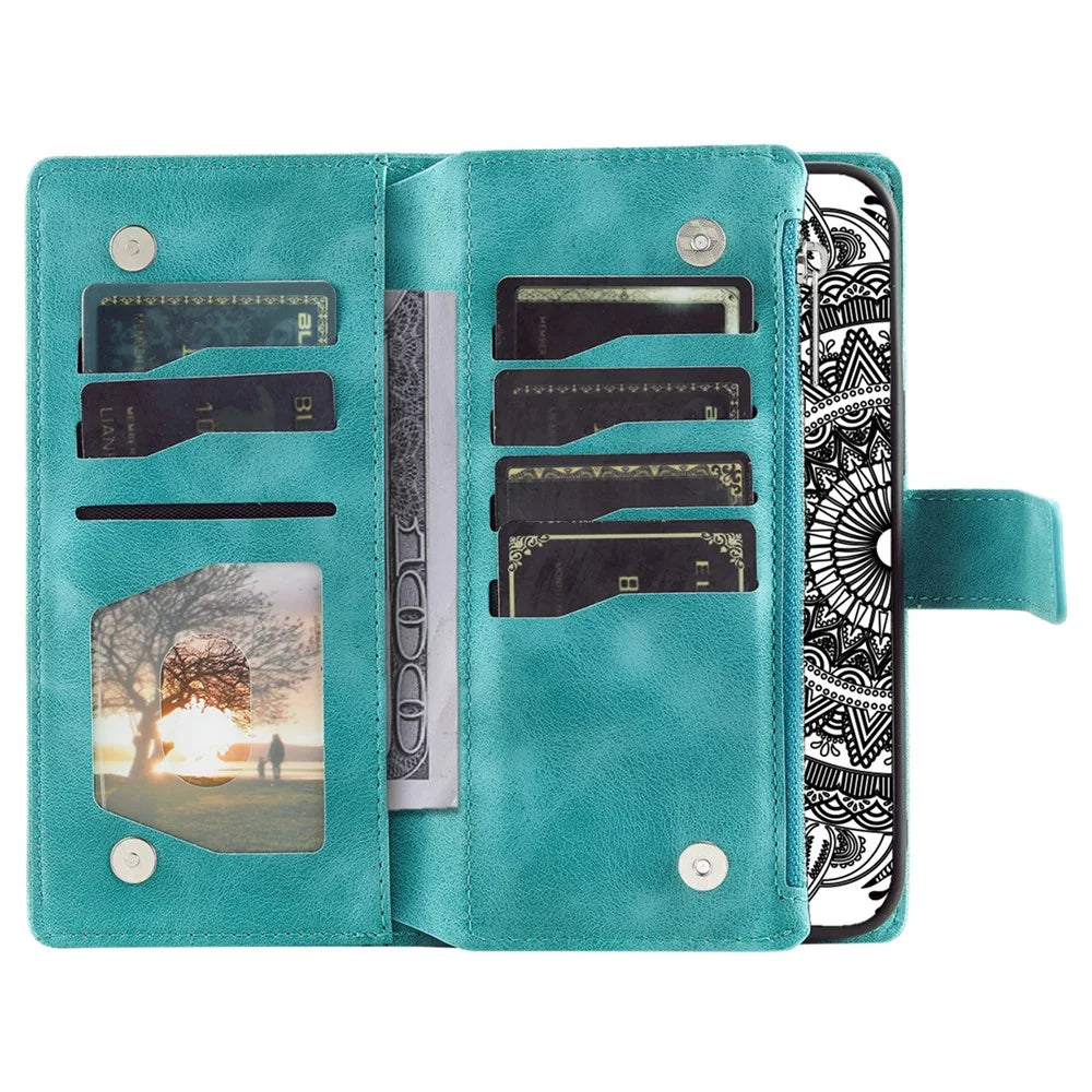 Style 006 For Samsung Galaxy S25+ Wallet Case PU Leather Phone Cover Mandala Flower Pattern - Mint Green - 2