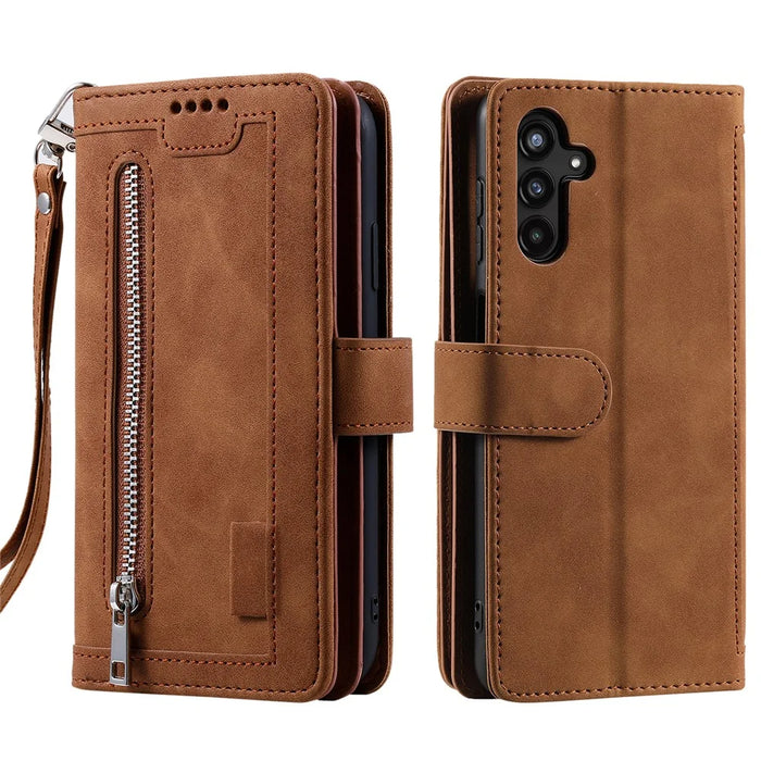For Samsung Galaxy S25+ Case PU Leather Phone Cover with Zipper Wallet 9 Card Slots - Brown - 7