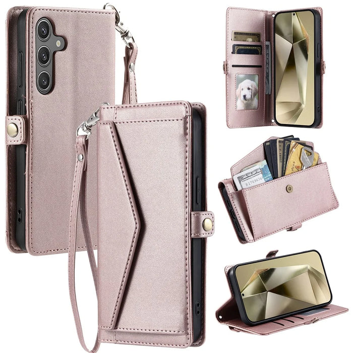 For Samsung Galaxy S25 Leather Case with Wrist Strap Wallet Stand Phone Cover - Rose Gold - 1
