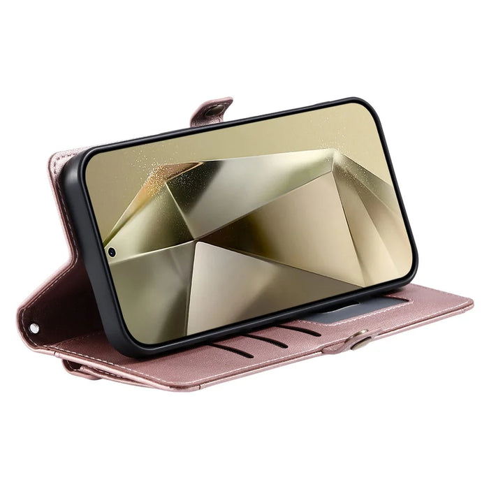 For Samsung Galaxy S25 Leather Case with Wrist Strap Wallet Stand Phone Cover - Rose Gold - 3