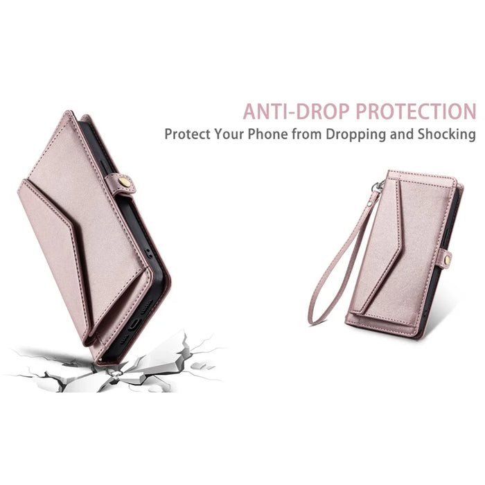 For Samsung Galaxy S25 Leather Case with Wrist Strap Wallet Stand Phone Cover - Rose Gold - 6