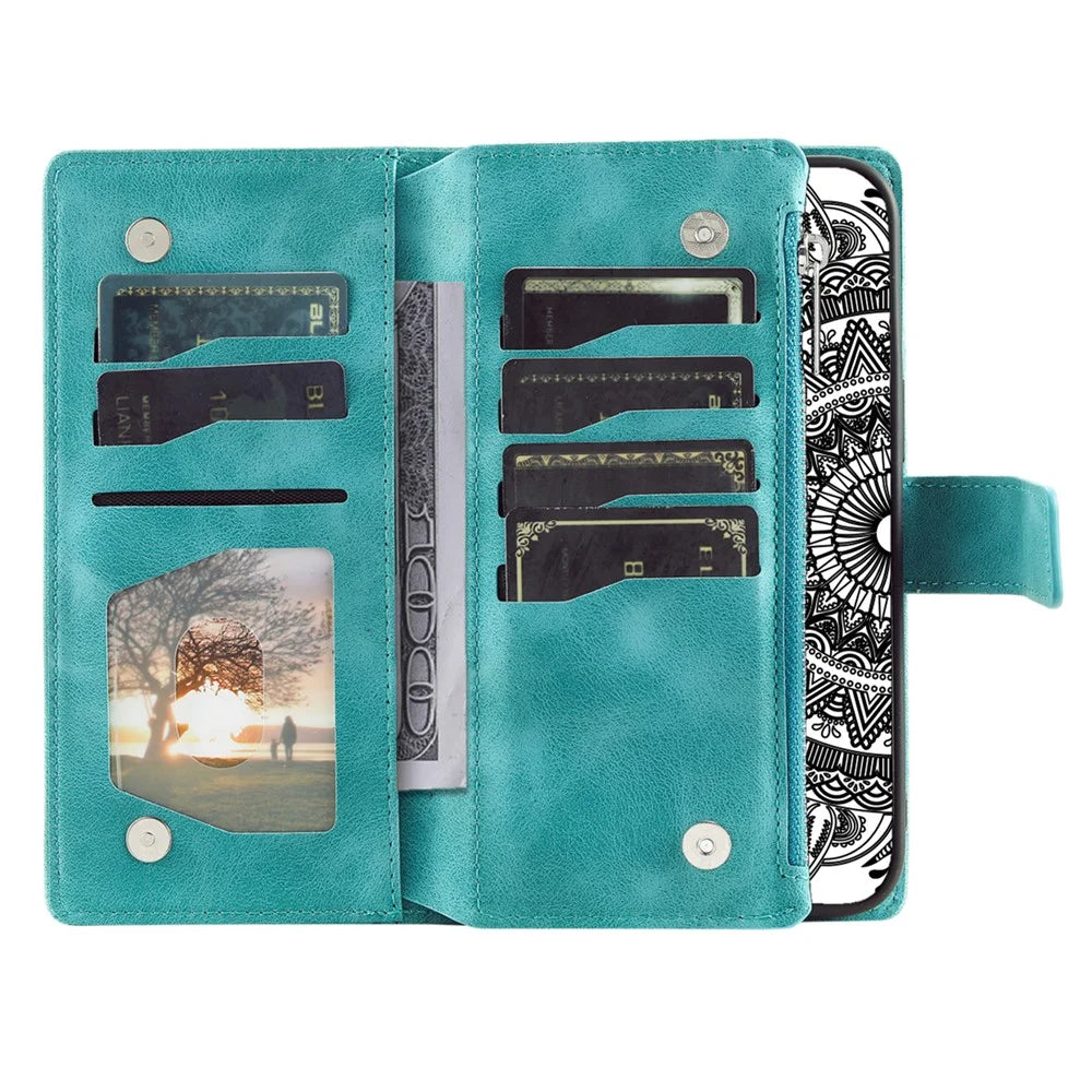 Style 006 For Samsung Galaxy S25 Wallet Case PU Leather Phone Cover Mandala Flower Pattern - Mint Green - 2