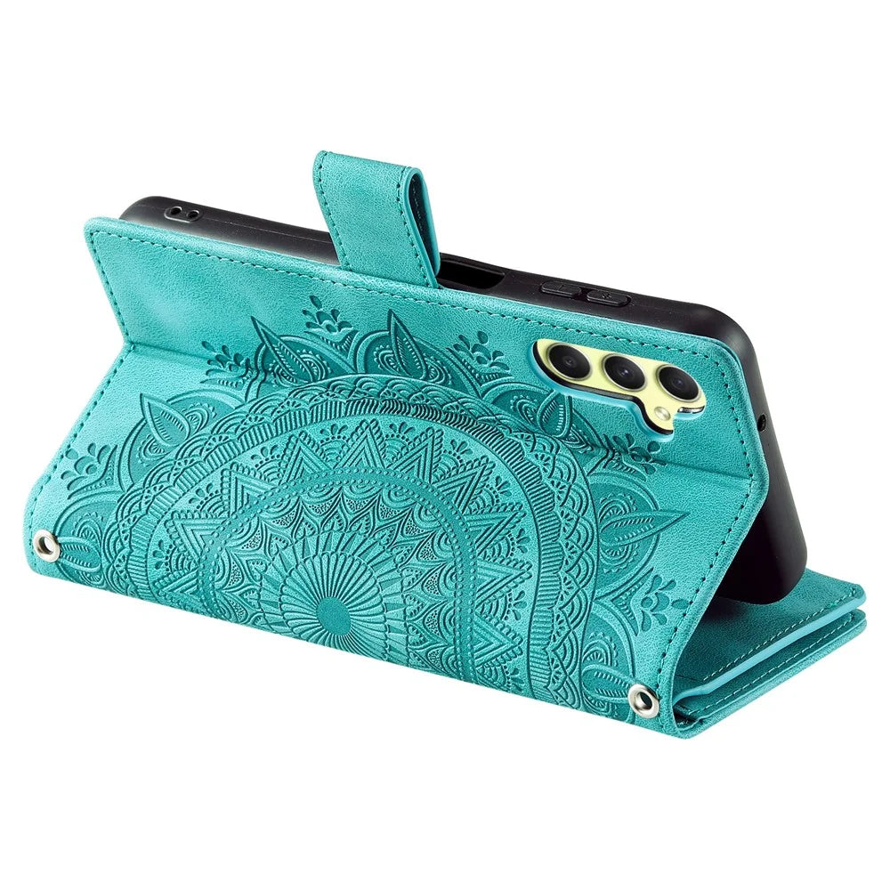 Style 006 For Samsung Galaxy S25 Wallet Case PU Leather Phone Cover Mandala Flower Pattern - Mint Green - 3