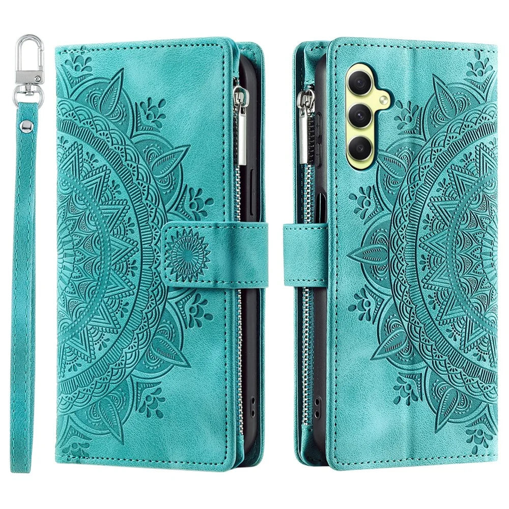 Style 006 For Samsung Galaxy S25 Wallet Case PU Leather Phone Cover Mandala Flower Pattern - Mint Green - 7