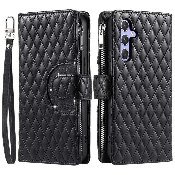 Style 012 for Samsung Galaxy S25 Case Zipper Pocket Glitter Leather Phone Cover - Black - 1