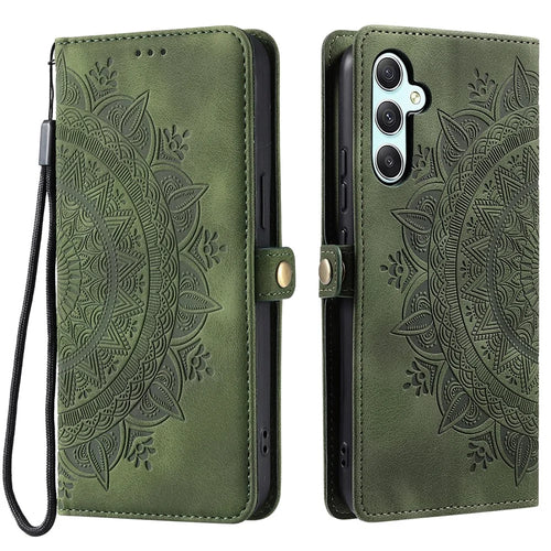 Style 016 For Samsung Galaxy S25 Case Skin Feel Totem Imprinted Wallet Leather Phone Cover - Blackish Green - 1