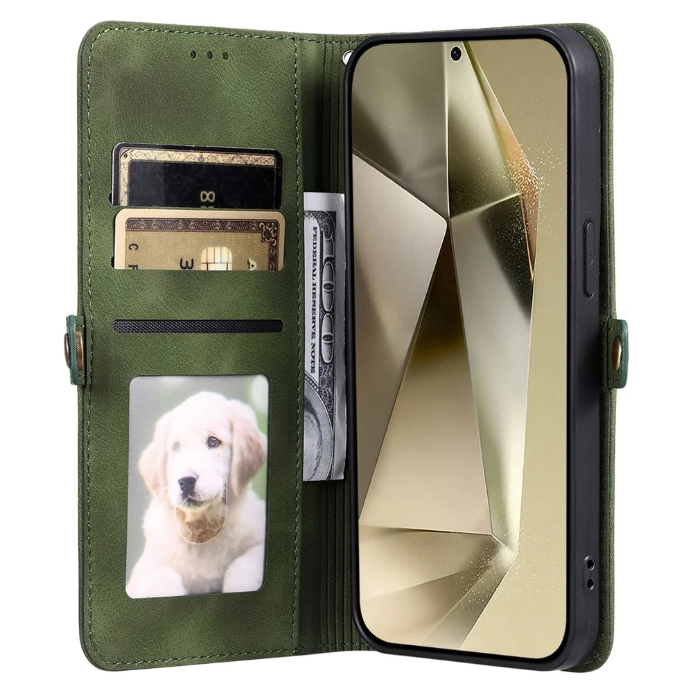 Style 016 For Samsung Galaxy S25 Case Skin Feel Totem Imprinted Wallet Leather Phone Cover - Blackish Green - 2
