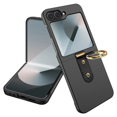 For Samsung Galaxy Z Flip7 FE 5G / Z Flip6 5G Case Skin-Touch Ring Holder Kickstand PC Phone Cover with Rear Screen Film - Black - 1