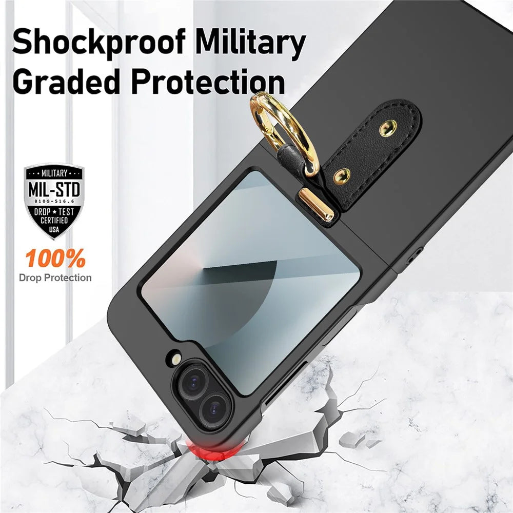 For Samsung Galaxy Z Flip7 FE 5G / Z Flip6 5G Case Skin-Touch Ring Holder Kickstand PC Phone Cover with Rear Screen Film - Black - 5