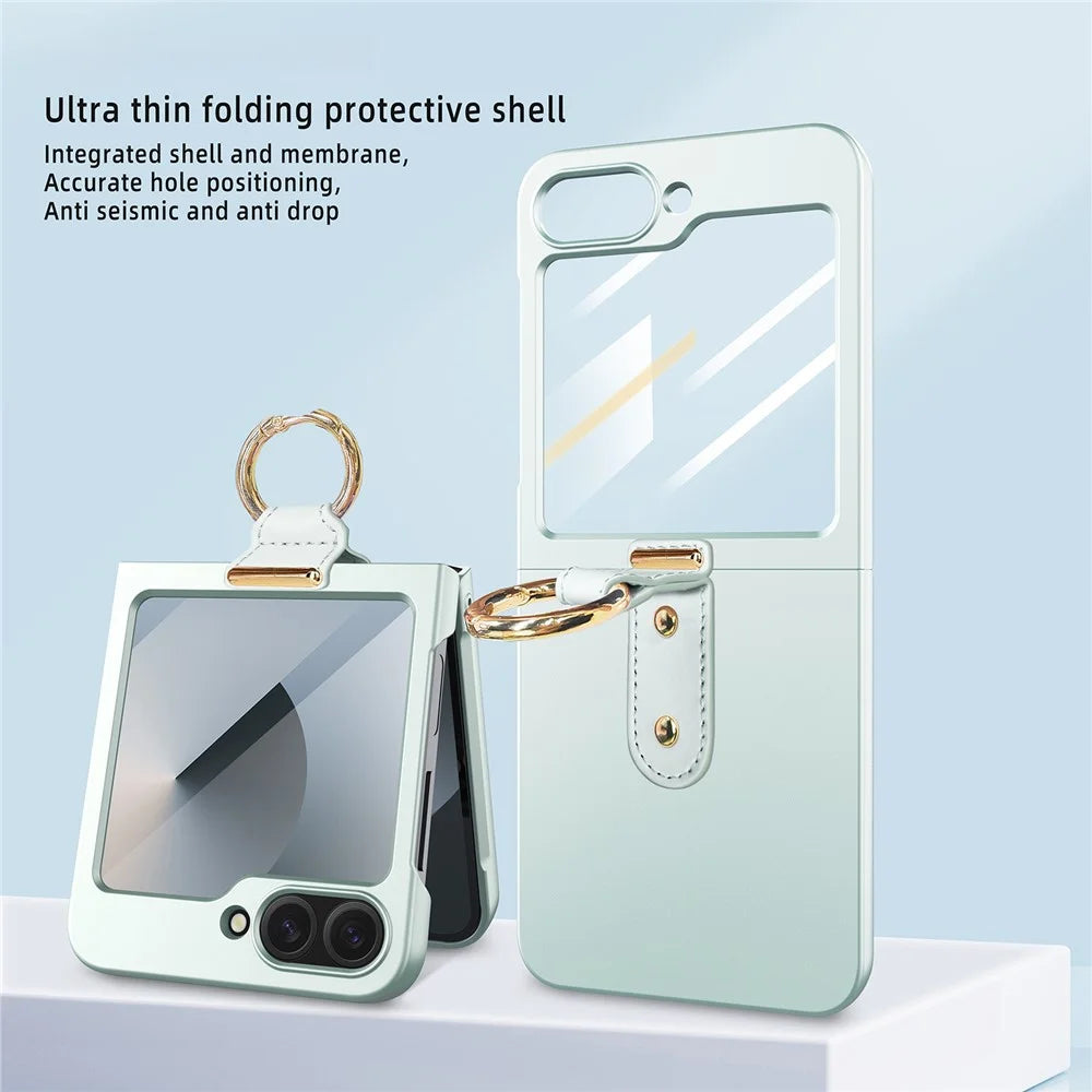 For Samsung Galaxy Z Flip7 FE 5G / Z Flip6 5G Case Skin-Touch Ring Holder Kickstand PC Phone Cover with Rear Screen Film - Black - 6