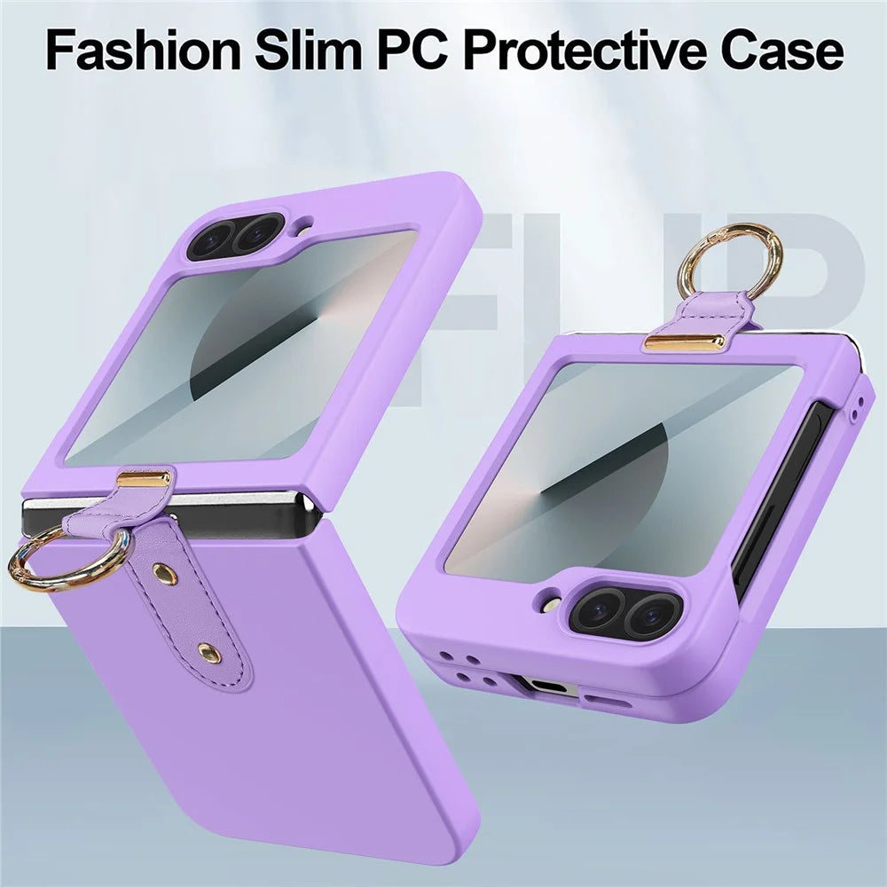For Samsung Galaxy Z Flip7 FE 5G / Z Flip6 5G Case Skin-Touch Ring Holder Kickstand PC Phone Cover with Rear Screen Film - Black - 7