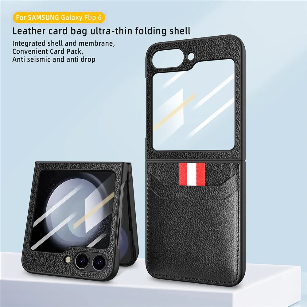 For Samsung Galaxy Z Flip7 FE 5G / Z Flip6 5G Case Litchi Texture PU+PC Phone Cover with Screen / Lens Film - Black - 6
