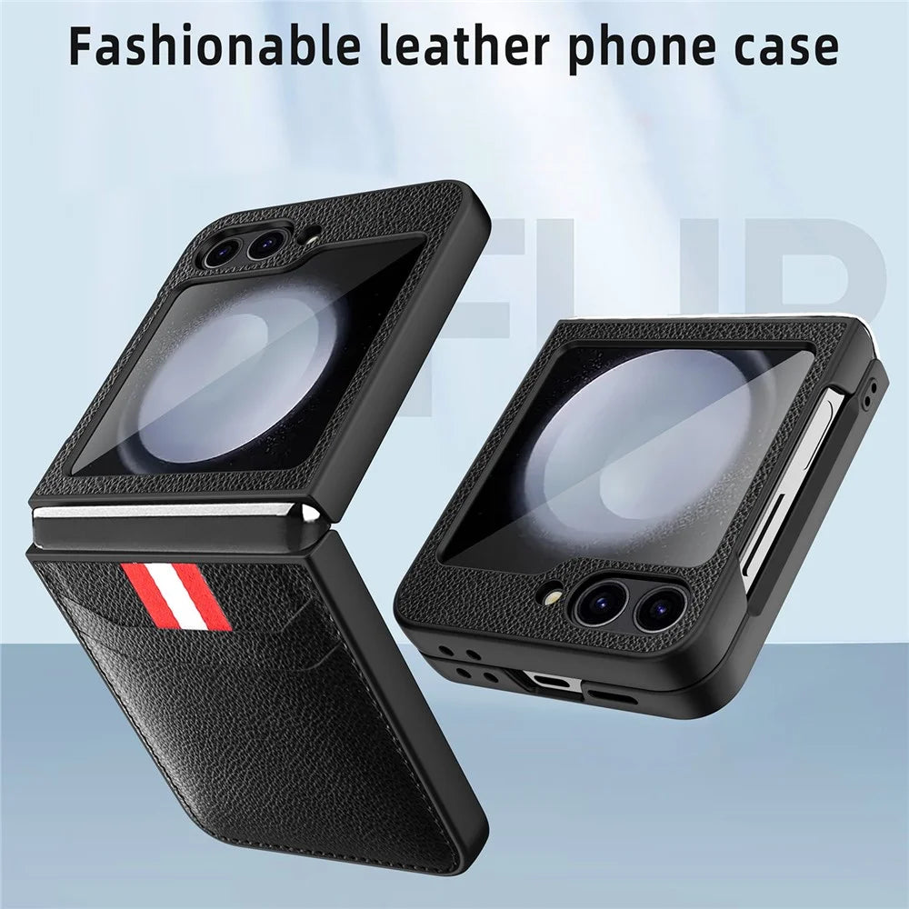 For Samsung Galaxy Z Flip7 FE 5G / Z Flip6 5G Case Litchi Texture PU+PC Phone Cover with Screen / Lens Film - Black - 7