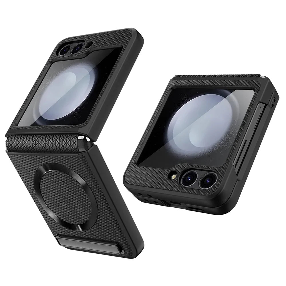 For Samsung Galaxy Z Flip7 FE 5G / Z Flip6 5G Magnetic Case Kickstand PC+PU Phone Cover with Screen / Lens Film - Wheat Black - 1