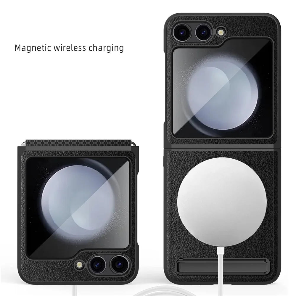 For Samsung Galaxy Z Flip7 FE 5G / Z Flip6 5G Magnetic Case Kickstand PC+PU Phone Cover with Screen / Lens Film - Wheat Black - 2