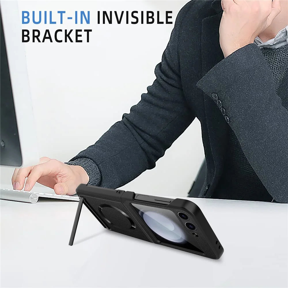 For Samsung Galaxy Z Flip7 FE 5G / Z Flip6 5G Magnetic Case Kickstand PC+PU Phone Cover with Screen / Lens Film - Wheat Black - 3