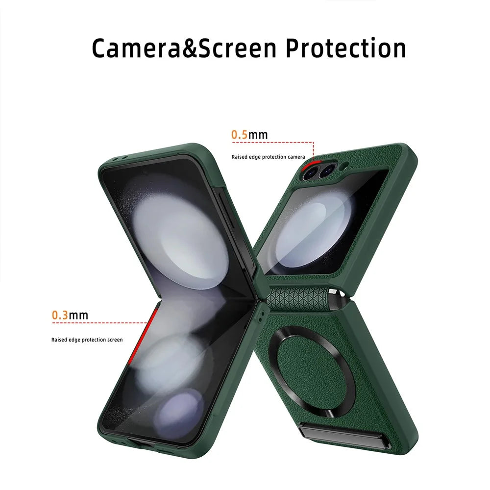 For Samsung Galaxy Z Flip7 FE 5G / Z Flip6 5G Magnetic Case Kickstand PC+PU Phone Cover with Screen / Lens Film - Wheat Black - 5