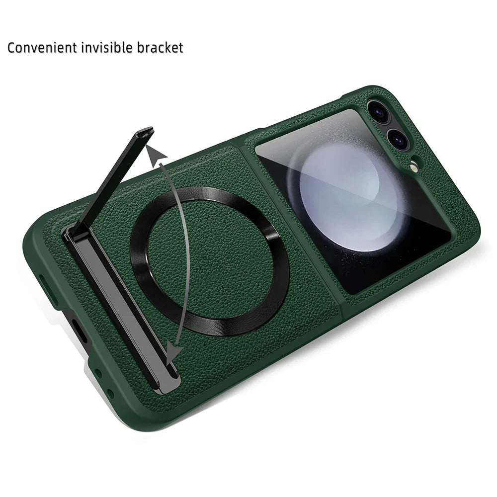 For Samsung Galaxy Z Flip7 FE 5G / Z Flip6 5G Magnetic Case Kickstand PC+PU Phone Cover with Screen / Lens Film - Wheat Black - 6