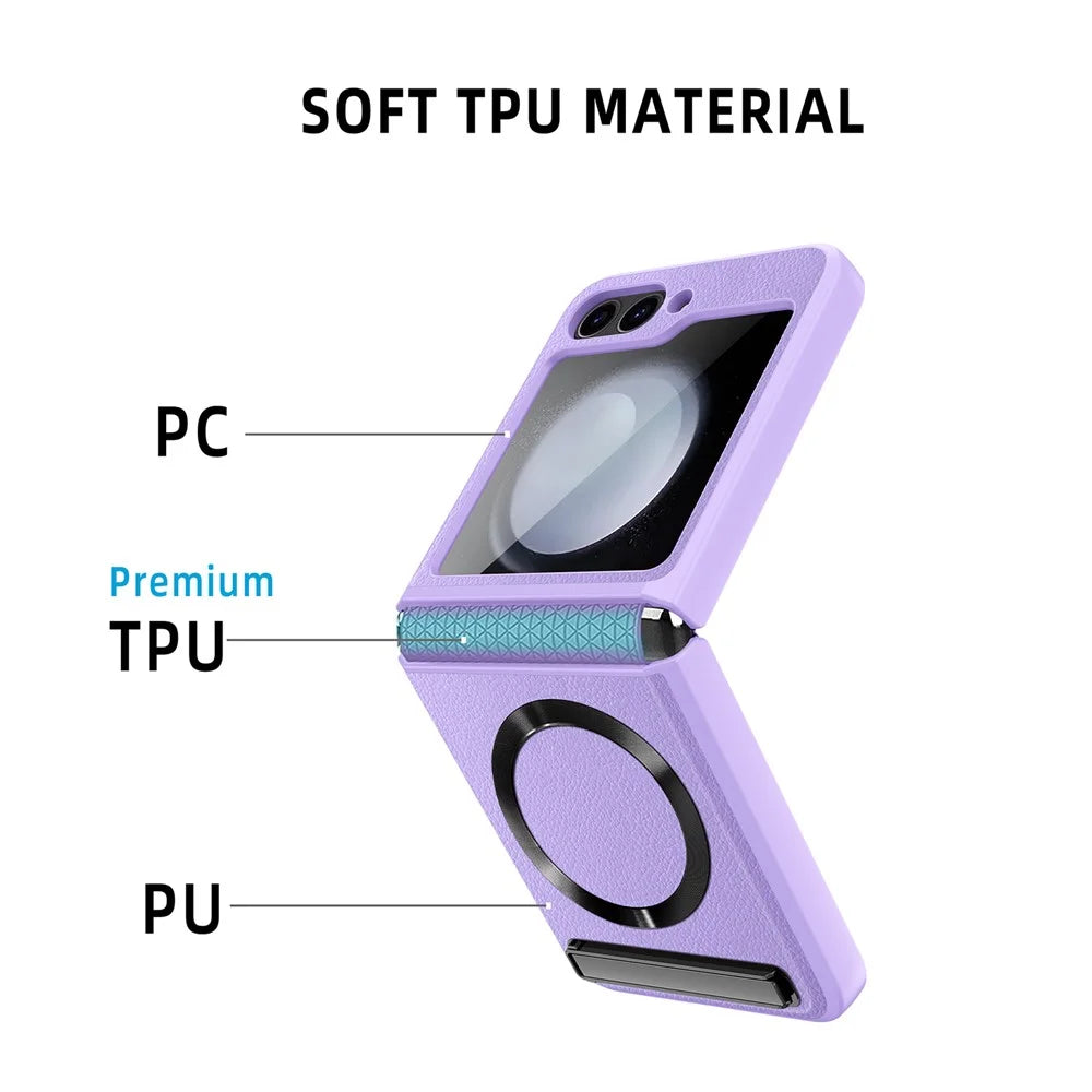 For Samsung Galaxy Z Flip7 FE 5G / Z Flip6 5G Magnetic Case Kickstand PC+PU Phone Cover with Screen / Lens Film - Wheat Black - 7